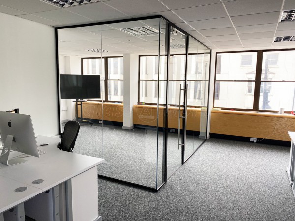 Acquia Inc (Brighton, East Sussex): Acoustic Glass Partition with Framed Door in Black RAL 9005