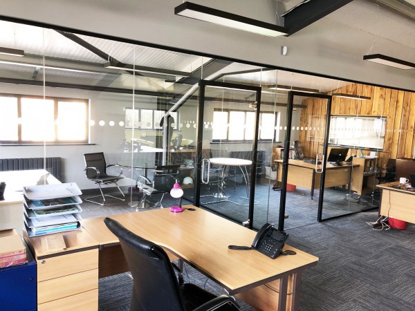 Ascot Timber Buildings Ltd (Liphook, Hampshire): Laminated Acoustic Glass Offices Under Pitched Ceiling