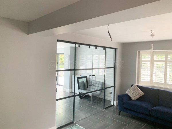 Domestic Project (Ampthill, Bedfordshire): Slimline T-Bar Black Framed Glazing With Frameless Glass Sliding Doors