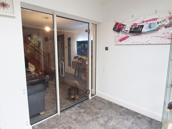 Domestic Project (Greenford, London): Toughened Glass Partition Wall and Door With White Frame