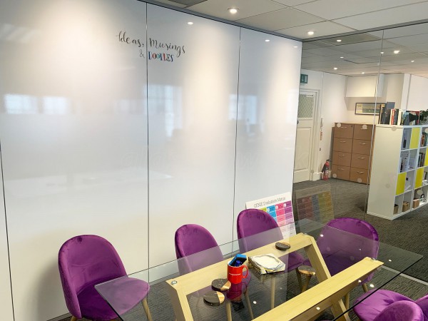 BBM Campaigns Ltd (Mayfair, London): Multi-office fit-out with frameless glass doors & writeable wall