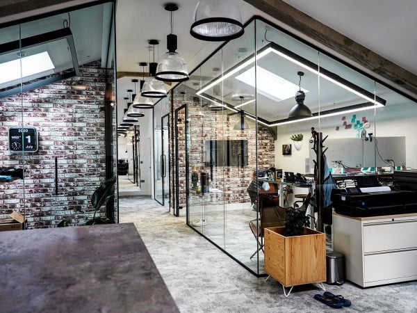 Collaborate Global HQ (Donnington, West Sussex): Single Glazed Acoustic Glass offices Formed Below Apex Ceiling