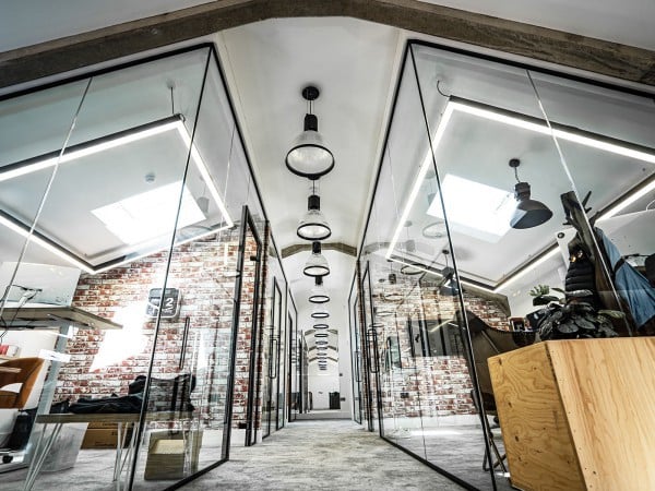 Collaborate Global HQ (Donnington, West Sussex): Single Glazed Acoustic Glass offices Formed Below Apex Ceiling