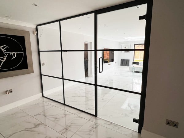 Domestic Project (Coventry, West Midlands): T-Bar Heritage-Style Black Framed Glass Wall With Glazed Door