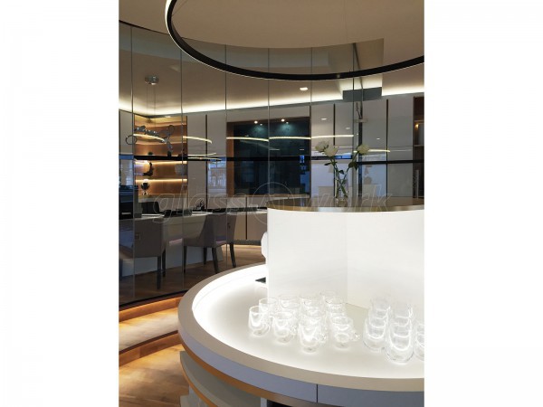 Spot This Space (Wembley, London): Curved Faceted Glass Partition With Black Track