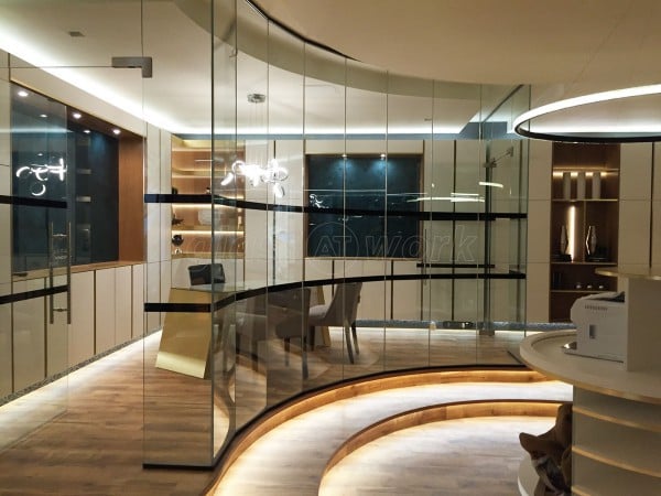 Spot This Space (Wembley, London): Curved Faceted Glass Partition With Black Track