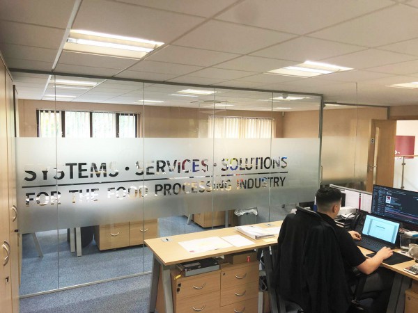 Flo-Mech Ltd (Peterborough, Cambridgeshire): Stepped Glass Office Screen With Bespoke Window Film