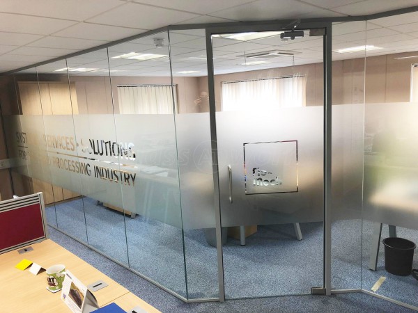 Flo-Mech Ltd (Peterborough, Cambridgeshire): Stepped Glass Office Screen With Bespoke Window Film