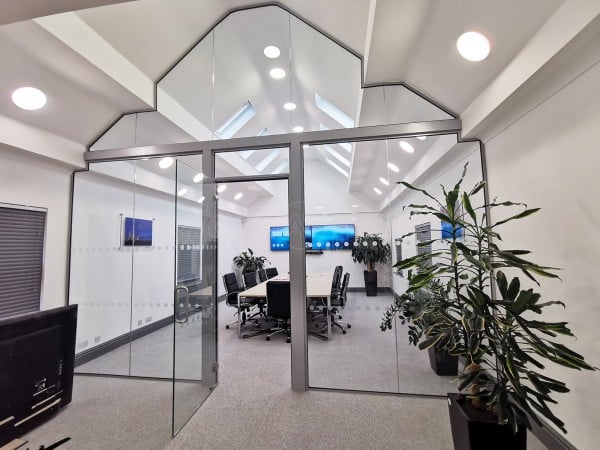 FSG Property Services (Milton Keynes, Buckinghamshire): Large Shaped Glazed Screen With Transom and Glass Office Fit-out