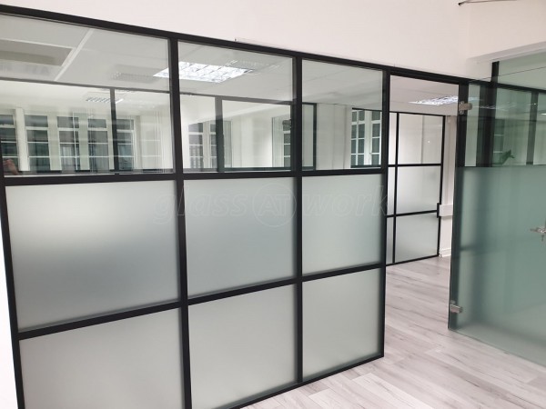 FRAMEWORKS (Westminster, London): Full Office Fit-Out Using Black Industrial Warehouse Glazed Partitions [Our Alternative to Steel Framed Glazing]