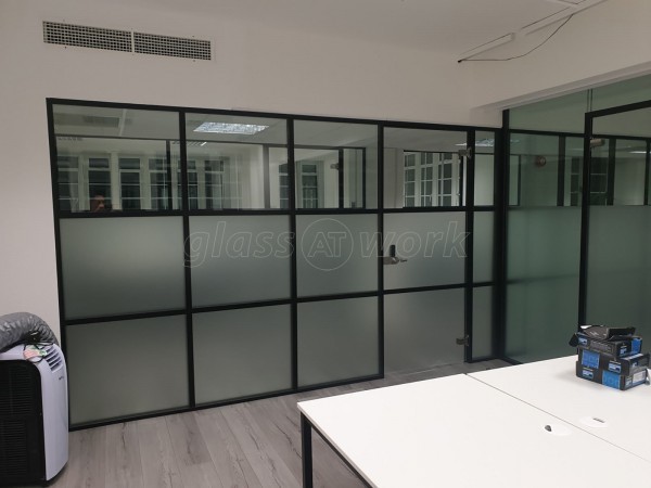 FRAMEWORKS (Westminster, London): Full Office Fit-Out Using Black Industrial Warehouse Glazed Partitions [Our Alternative to Steel Framed Glazing]