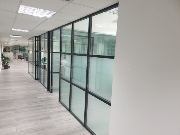 FRAMEWORKS (Westminster, London): Full Office Fit-Out Using Black Industrial Warehouse Glazed Partitions [Our Alternative to Steel Framed Glazing]