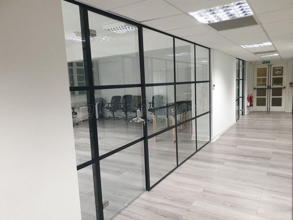 FRAMEWORKS (Westminster, London): Full Office Fit-Out Using Black Industrial Warehouse Glazed Partitions [Our Alternative to Steel Framed Glazing]