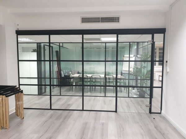 FRAMEWORKS (Westminster, London): Full Office Fit-Out Using Black Industrial Warehouse Glazed Partitions [Our Alternative to Steel Framed Glazing]