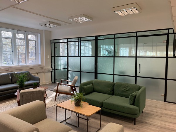 FRAMEWORKS (Westminster, London): Full Office Fit-Out Using Black Industrial Warehouse Glazed Partitions [Our Alternative to Steel Framed Glazing]