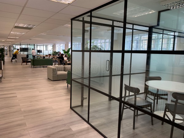 FRAMEWORKS (Westminster, London): Full Office Fit-Out Using Black Industrial Warehouse Glazed Partitions [Our Alternative to Steel Framed Glazing]