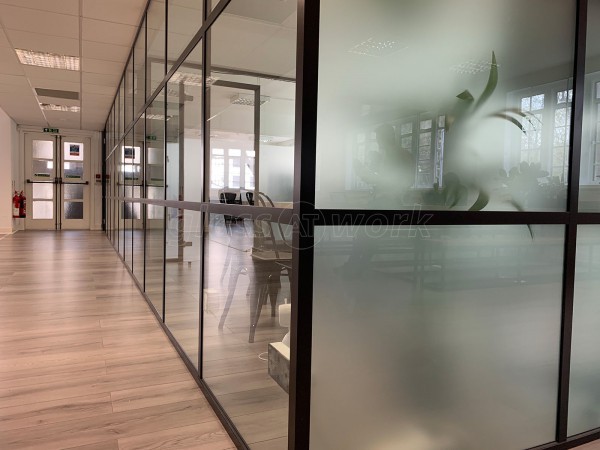 FRAMEWORKS (Westminster, London): Full Office Fit-Out Using Black Industrial Warehouse Glazed Partitions [Our Alternative to Steel Framed Glazing]