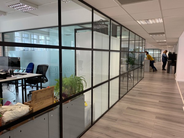 FRAMEWORKS (Westminster, London): Full Office Fit-Out Using Black Industrial Warehouse Glazed Partitions [Our Alternative to Steel Framed Glazing]