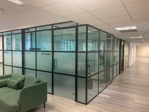 FRAMEWORKS (Westminster, London): Full Office Fit-Out Using Black Industrial Warehouse Glazed Partitions [Our Alternative to Steel Framed Glazing]