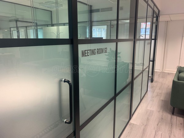 FRAMEWORKS (Westminster, London): Full Office Fit-Out Using Black Industrial Warehouse Glazed Partitions [Our Alternative to Steel Framed Glazing]