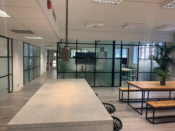 FRAMEWORKS (Westminster, London): Full Office Fit-Out Using Black Industrial Warehouse Glazed Partitions [Our Alternative to Steel Framed Glazing]