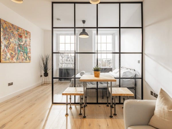 George Projects (Old Town, Edinburgh): Industrial-Style Black Framed Glass Room Divider For A Studio Flat