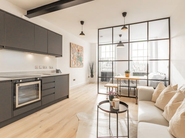 George Projects (Old Town, Edinburgh): Industrial-Style Black Framed Glass Room Divider For A Studio Flat