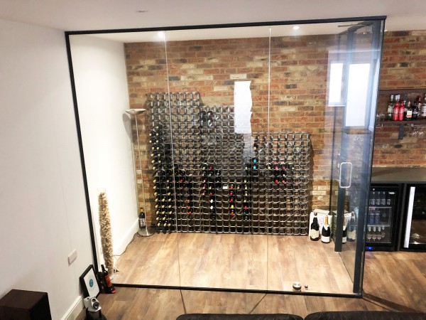 Domestic Project (St Albans, Hertfordshire): Frameless Glass Wine Display Corner Room With Black Frame