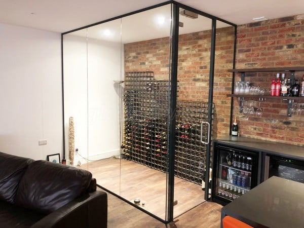 Domestic Project (St Albans, Hertfordshire): Frameless Glass Wine Display Corner Room With Black Frame