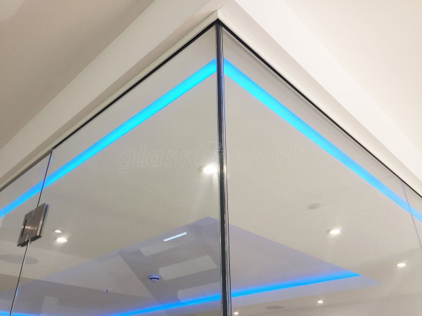 Westbase Technology Ltd (Caldicot, Monmouthshire): Frameless Glass Corner Room with glass-to-glass door hinges