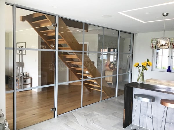 Domestic Project (Lymington, Hampshire): T-Bar Glass Partition Industrial-Style Banded Glazing in RAL 9006 Silver