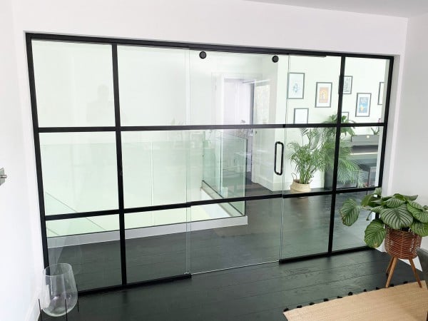 Residential Project (St Albans, Hertfordshire): Industrial (Shoreditch-Style) Home Office Glass Sliding Door With Black Bars