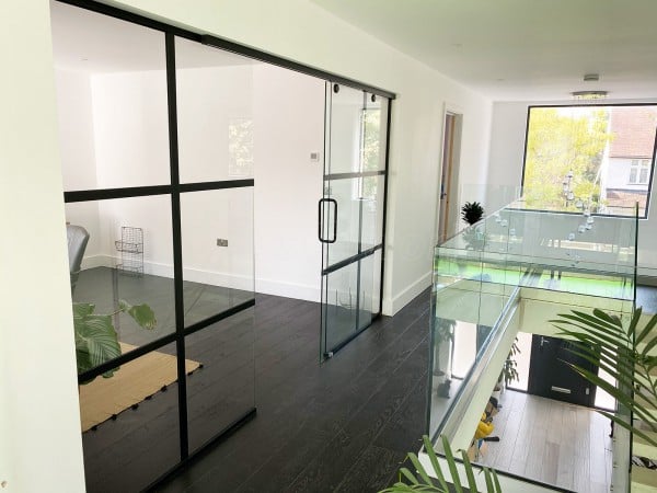 Residential Project (St Albans, Hertfordshire): Industrial (Shoreditch-Style) Home Office Glass Sliding Door With Black Bars