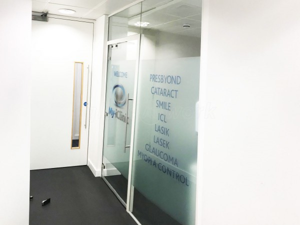 My-iClinic (North Finchley, London): Laminated Acoustic Glass Screen With Framed Glazed Door