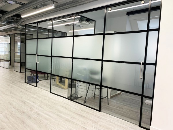 Pico London Ltd (Westminster, London): Full Office Fit-Out in T-Bar Slimline Warehouse-Style Glass Partitioning With Sliding Doors