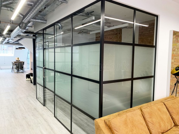 Pico London Ltd (Westminster, London): Full Office Fit-Out in T-Bar Slimline Warehouse-Style Glass Partitioning With Sliding Doors