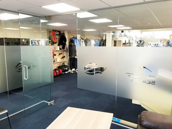 Walker Boat Sales (Conwy, North Wales): Corner Room Frameless Toughened Glass Partition