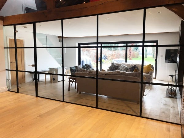 Domestic Project (Amersham, Buckinghamshire): Acoustic Glass Warehouse Style T-Bar Black Framed Glass Wall & Door